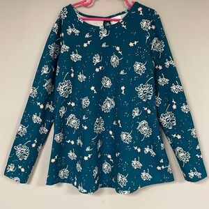 Hanna Andersson Girls Long Sleeve Tee , 10, NWOT, dark turquoise with flowers